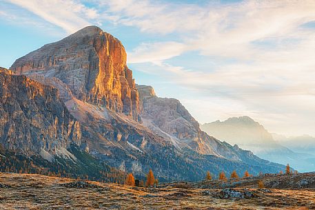 Tofane from Falzarego Pass in autumnal sunrise, Cortina d'Ampezzo, Dolomites, Veneto, Italy, Europe 