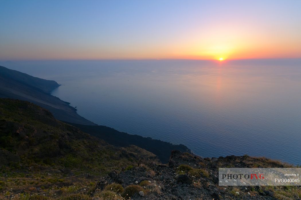 Sciara del Fuoco slope in the Stromboli island at sunset, Aeolian islands, Sicily, Italy, Europe