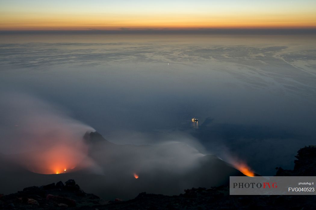Volcano eruption at twilight, Stromboli island, Sicily, Italy, Europe