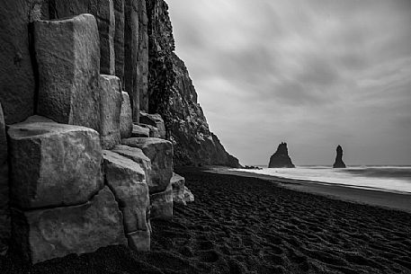 Reynisfjara Beach with Reynisdrangar Basalt Rocks on Cape Dyrholaey near Vik i Myrdal, Iceland