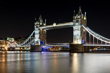 Night view of London Bridge or Tower bridge, London, Great Britain, United Kingdom