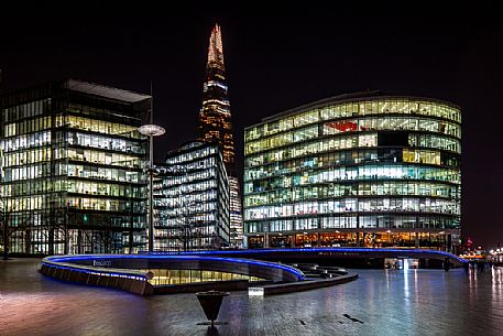 London's modern cityscape with tallest building The Shard and Town Hall by night, London, Great Britain, United Kingdom