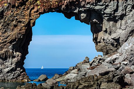 Perciato rock bridge, near to Pollara bay, Salina island, Aeolian islands, Sicily, Italy