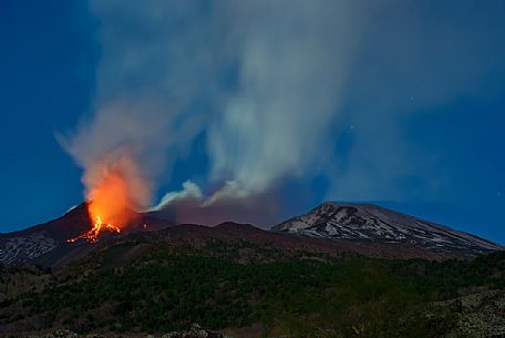 Night euption of Mount Etna, Sicily, Italy, Europe