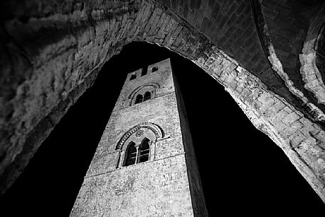 Detail of bell tower of cathedral in Erice village by night, Siciliy, Europe