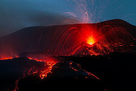 Eruption of Etna volcano by night, Sicily, Italy, Europe