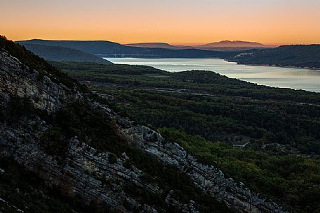 Lac de Sainte Croix lake at sunset, Verdon gorge, Provence, France, Europe