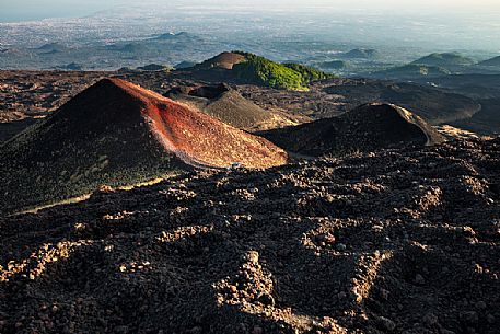 Silvestri crater and Catania Gulf in the background, Etna mount, Sicily, Italy
