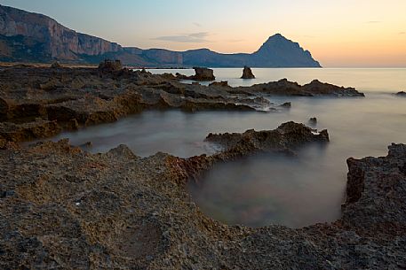 Monte Cofano natural reserve Macari beach and Capo Cofano in background, Sicily, Italy, Europe