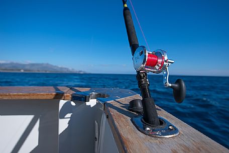 Detail of fishing rod on boat, Sicily, Italy, Europe