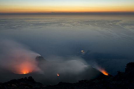 Volcano eruption at twilight, Stromboli island, Sicily, Italy, Europe