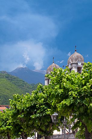 Etna volcano with the dome of the church of Zafferana Etnea, Catania, Sicily, Italy, Europe