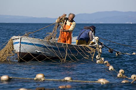 Catch the nets of the Tonnara in the sea in front of Porto Pidocchio in the promontory of Portofino area, Genova, Liguria, Italy