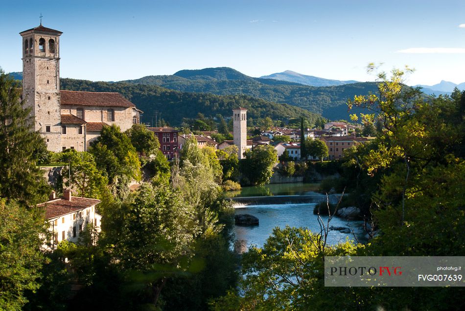 View of Cividale del Friuli and the ,Santi Pietro e Biagio church Unesco heritage, crossed by the  Natisone river, Friuli Venezia Giulia, Italy, Europe