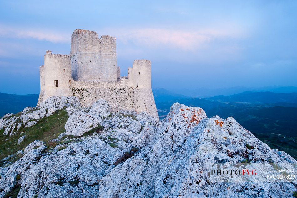 Rocca of Calascio, medieval castle in the evening light, Gran Sasso and Monti della Laga national park, Abruzzo, Italy, Europe