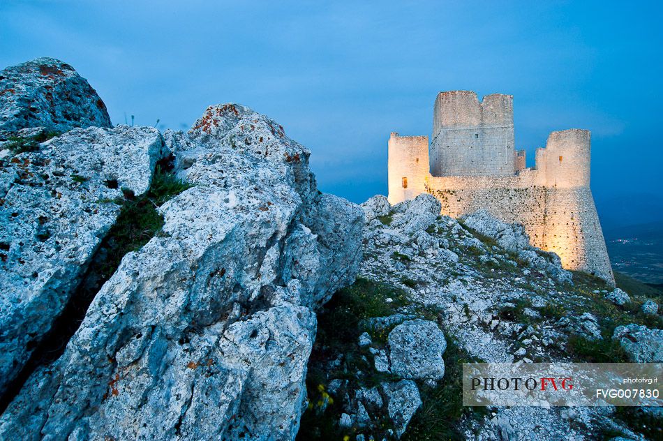 Rocca of Calascio, medieval castle in the evening light, Gran Sasso and Monti della Laga national park, Abruzzo, Italy, Europe