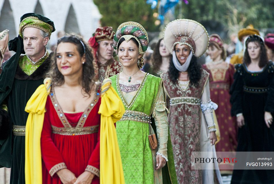 Embroidered dresses during the historical reenactment of the Macia in Spilimbergo, Friuli Venezia Giulia, Italy, Europe