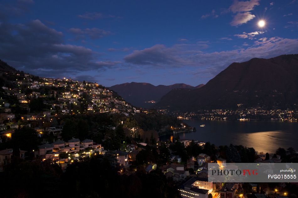 The village of Cernobbio on Como Lake with moonlight, Lombardy, Italy, Europe