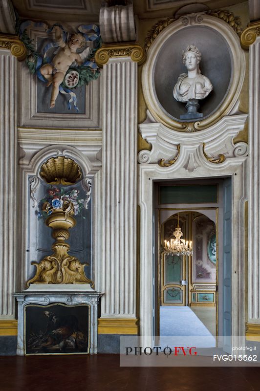 Inside room of the Savoy Residence for Hunting and Feasts of 1729. The Palazzina Hunting Residence is one of the most important monuments of Turin. It is unesco world heritage site. Palazzina di Stupinigi, Turin, Italy