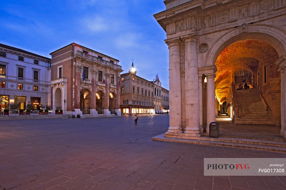 The Capitanio Palace and detail of the Basilica Palladian Loggia in Piazza dei Signori in Vicenza. Italy, Europe