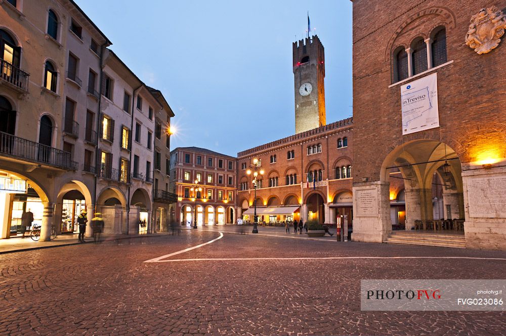 The Palazzo del Podesta and the Civic Tower in Piazza dei Signori, the main square of Treviso, Italy.