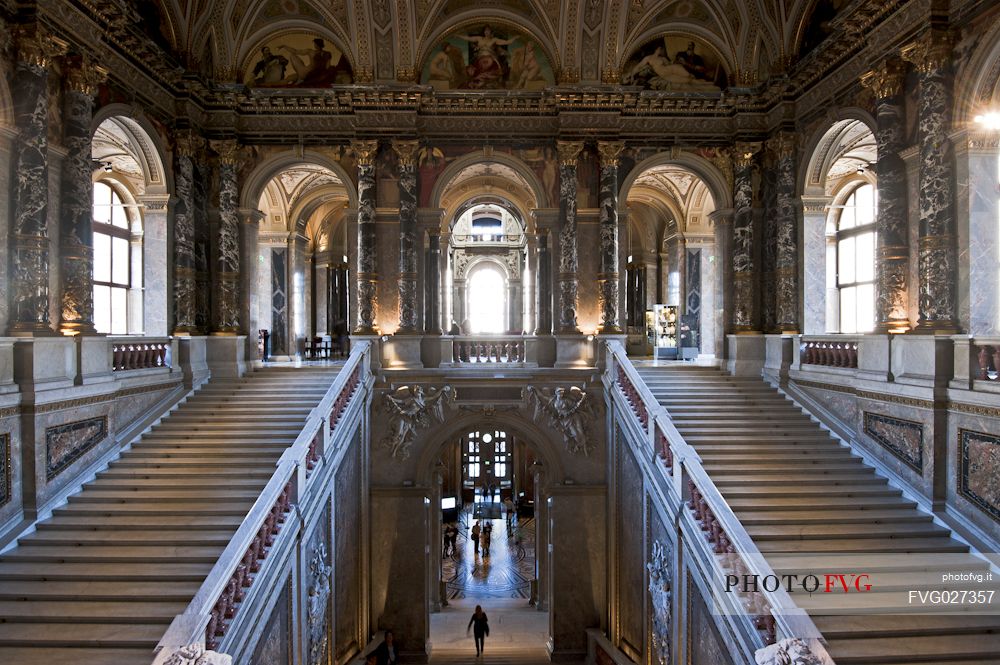 The main staircase of The Kunsthistorisches Museum, the famous art museum in Vienna, Austria
