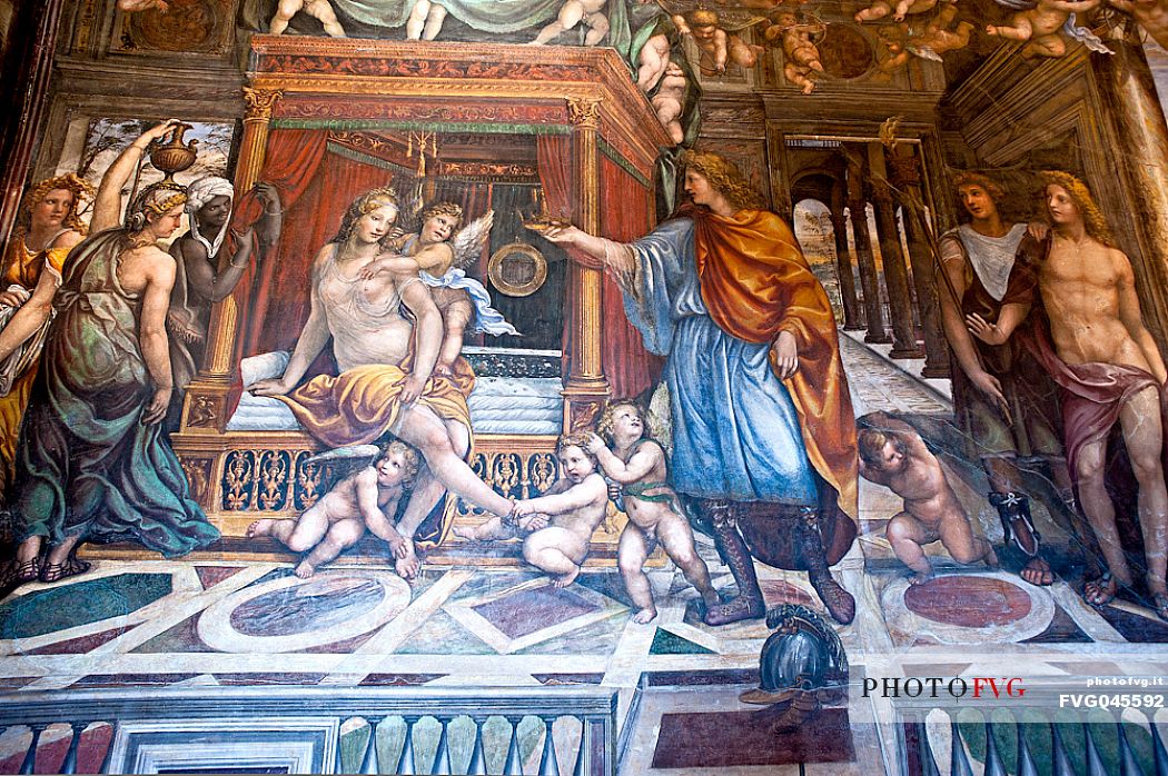 Painting in the Wedding Hall, in Villa Farnesina in the heart of Rome. The work represents the wedding of Alexander the Great and Roxane. Rome, Italy.