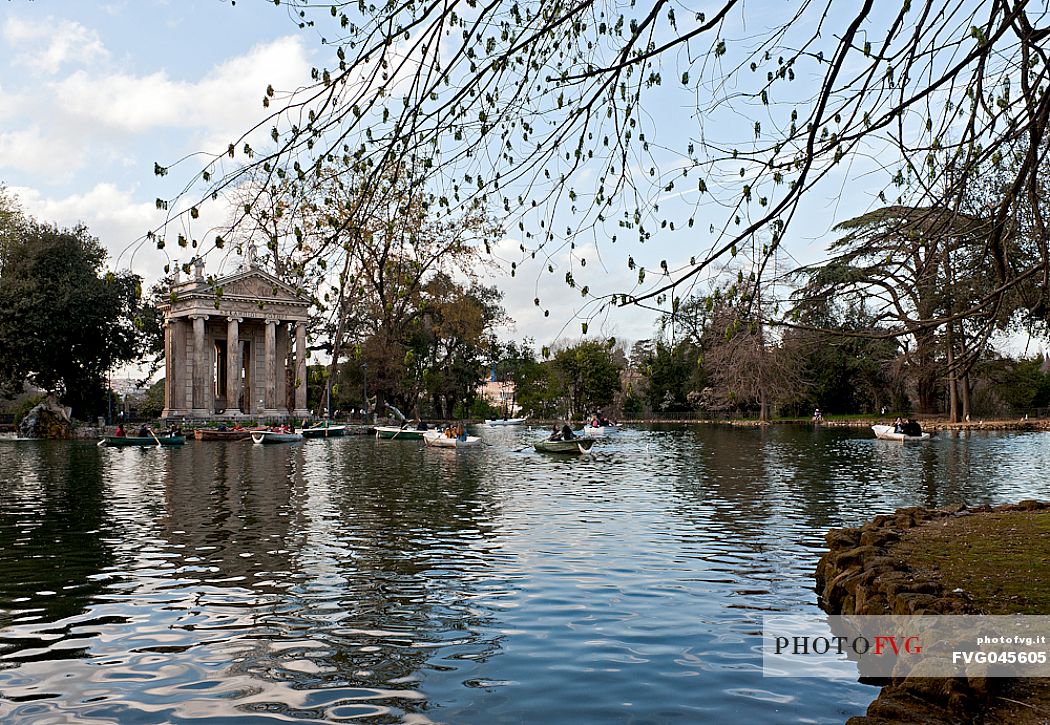 Villa Borghese park and lake, Temple of Aesculapius, Rome, Italy, Europe