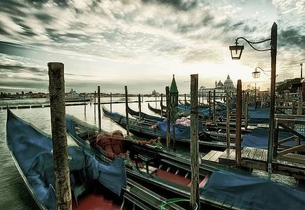 Sunset and gondolas from St. Mark 's square in Venice, Italy, Europe