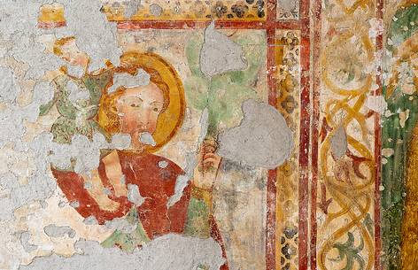 Medieval frescoes of the VIII century in the the Abbazia di Santa Maria in Sylvis abbey, Sesto al Reghena, Friuli Venezia Giulia, Italy, Europe Medieval frescoes of the VIII century in the the Abbazia di Santa Maria in Sylvis abbey, Sesto al Reghena, Friuli Venezia Giulia, Italy, Europe
