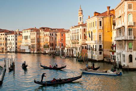 Gondolas on the Grand Canal or Canal Grande in Venice, Italy, Europe