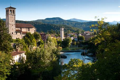 View of Cividale del Friuli and the ,Santi Pietro e Biagio church Unesco heritage, crossed by the  Natisone river, Friuli Venezia Giulia, Italy, Europe