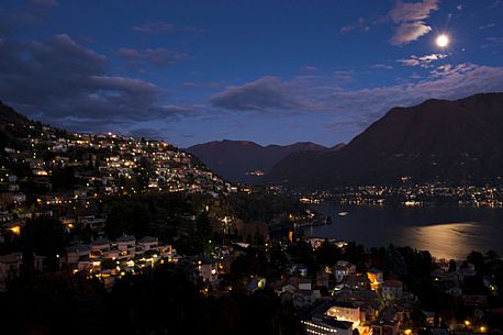 The village of Cernobbio on Como Lake with moonlight, Lombardy, Italy, Europe