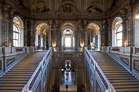 The main staircase of The Kunsthistorisches Museum, the famous art museum in Vienna, Austria