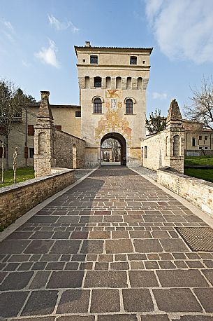 The tower Grimani, gate of  Abbazia di Santa Maria in Sylvis, abbey, Sesto al Regena village, one of the most beautiful villages in Friuli Venezia Giulia, Italy, Europe