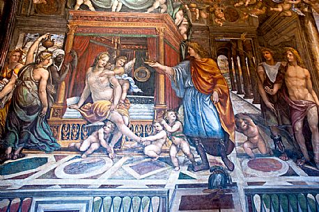 Painting in the Wedding Hall, in Villa Farnesina in the heart of Rome. The work represents the wedding of Alexander the Great and Roxane. Rome, Italy.