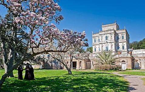 Nuns under the flowering tree and in the background the Villa Doria Pamphili an iItalian government representative villa, Rome, Italy, Europe