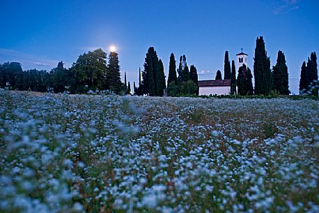 The Moon on the Santa Giuliana church, Castello d'Aviano a small village in the hills near Pordenone, Friuli Venezia Giulia, italy, Europe