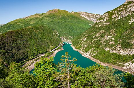 The artificial lake of Ravedis in the territory of Montereale Valcellina in the province of Pordenone. In the background, Mount Pala D'Altei. Italy