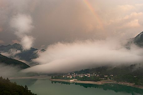 The village of Barcis  before a storm. It is a mountain resort in western Friuli famous for its lake, a destination for sportsmen and others.