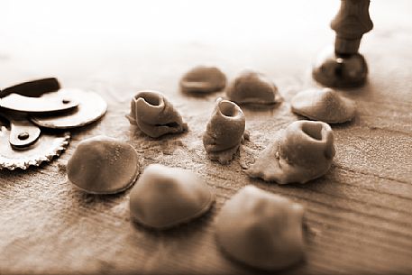 Cappelletti and Anolini at pasta fresca, traditional italian food, Parma, Emilia Romagna, Italy