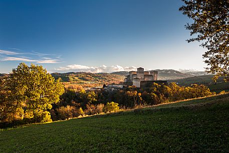 Torrechiara castle at sunset, Langhirano, Emilia Romana, Italy
