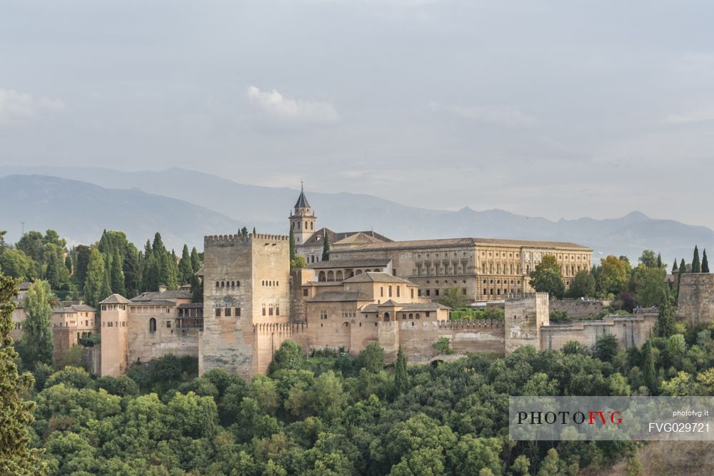 Alhambra palace seen from the Mirador de San Nicolas, Albayzin quarter, Granada, Spain