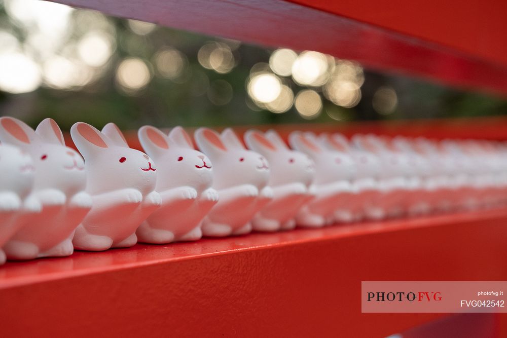 Little rabbit sculptures in Okazaki shrine in Kyoto, Japan