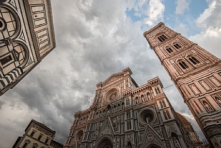 Florence cathedral, Santa Maria in Fiore, enlightend by sunset light, part of the Unesco World Heritage, with its famous Giotto belltower., Florence, Tuscany, Italy