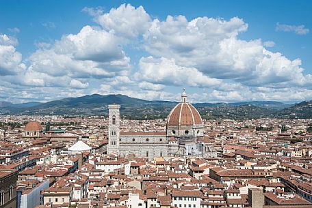 Florence city center as you can see it from Old Palace tower. At the center of the image, Florence cathedral or Santa Maria del Fiore cathedral, Florence, Tuscany, Italy