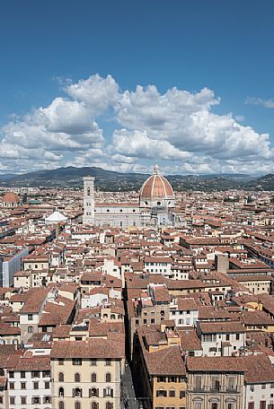 Florence city center as you can see it from Old Palace tower. At the center of the image, Florence cathedral or Santa Maria del Fiore cathedral, Florence, Tuscany, Italy