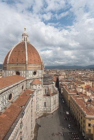 Florence cathedral dome, Santa Maria in Fiore, part of the Unesco World Heritage, seen with its famous Giotto belltower, Florence, Tuscany, Italy