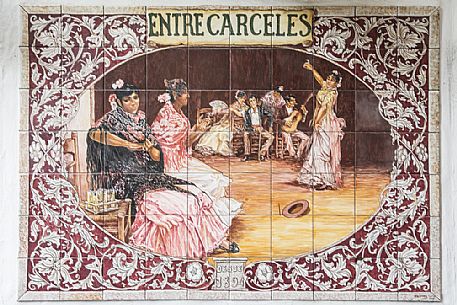 Typical ceramic tiles displaying flamenco dancers, Andalusia, Spain