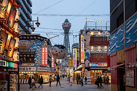 Shinsekai quarter in Osaka and in the background the Tsutenkaku tower, Japan